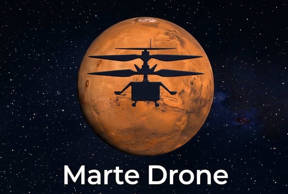 Logo de Marte Drone: silueta de un helicóptero dron frente al planeta Marte
